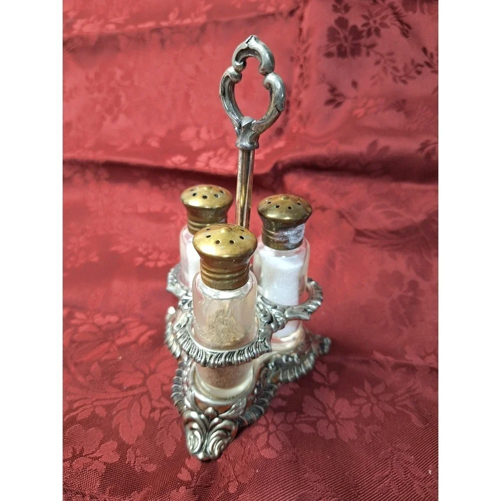 Vintage‎ Ornate Silver Tone Condiment Caddy with 3 Glass Shakers Brass Lids